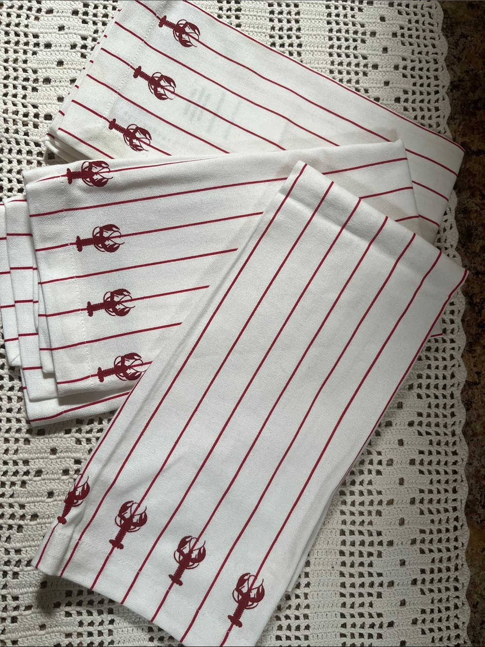 Lot of 3 Pottery Barn red white lobster tea towel New
